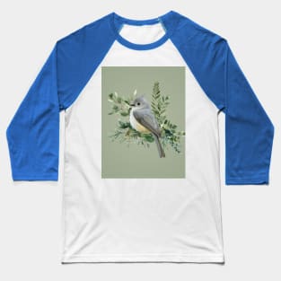 Grey Bird on Branch olive green background Baseball T-Shirt